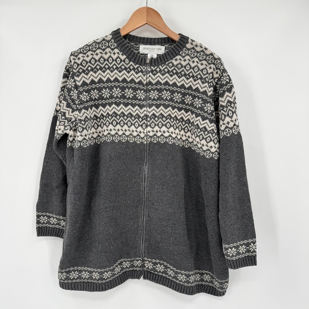 Jones New York Sport Gray Fair Isle Zip Up Cardigan‎ Linen Cotton Plus 1X